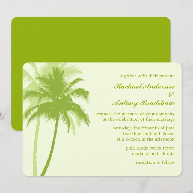 Invitación Boda Tropical de Palmeras Verdes (Anverso / Reverso)