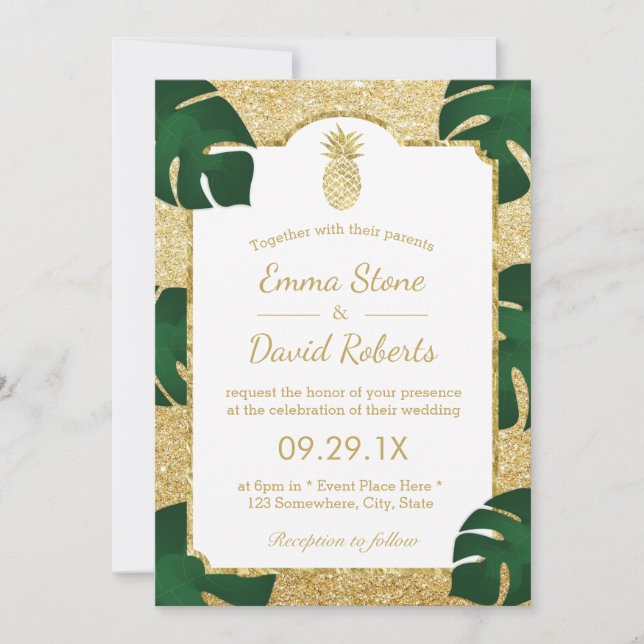 Invitación Boda tropical de piña Purpurina de oro moderno (Anverso)