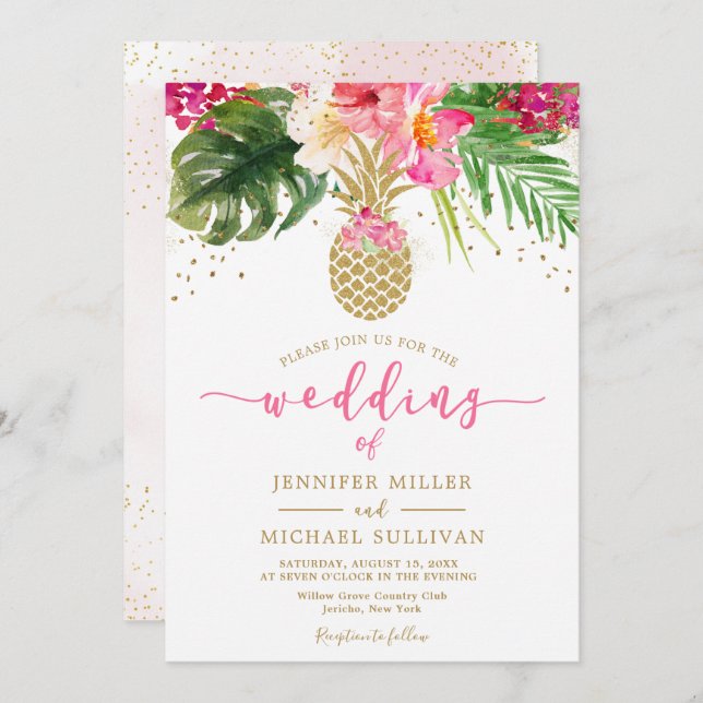 Invitación Boda Tropical de Piña Rosa Oro Floral (Anverso / Reverso)