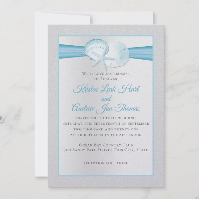 Invitación Boda tropical de playa azul en conchas de plata (Anverso)
