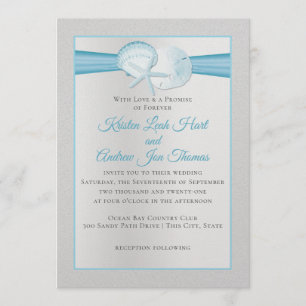 Invitación Boda tropical de playa azul en conchas de plata