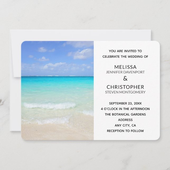 Invitación Boda Tropical de Playa Caribe Azul Celeste (Anverso)