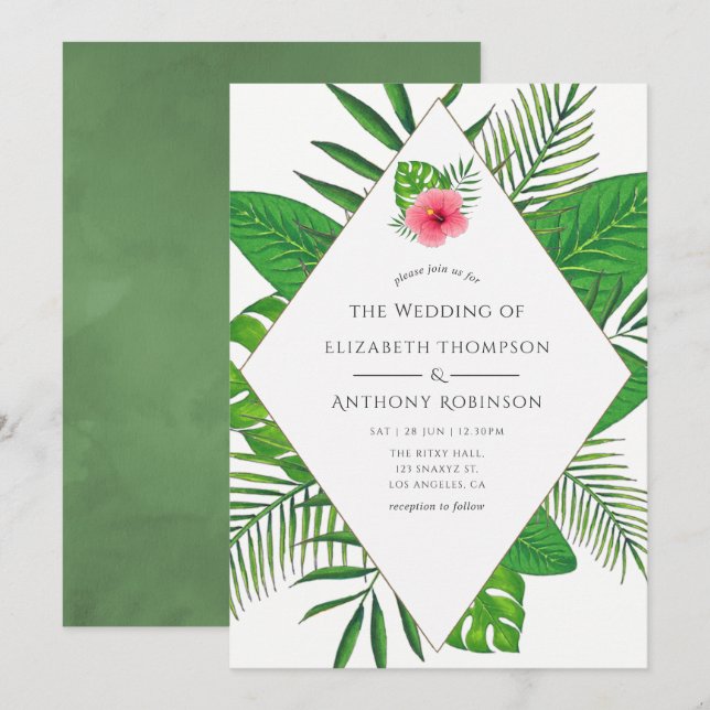 Invitación Boda Tropical de Playa con Acuarela (Anverso / Reverso)