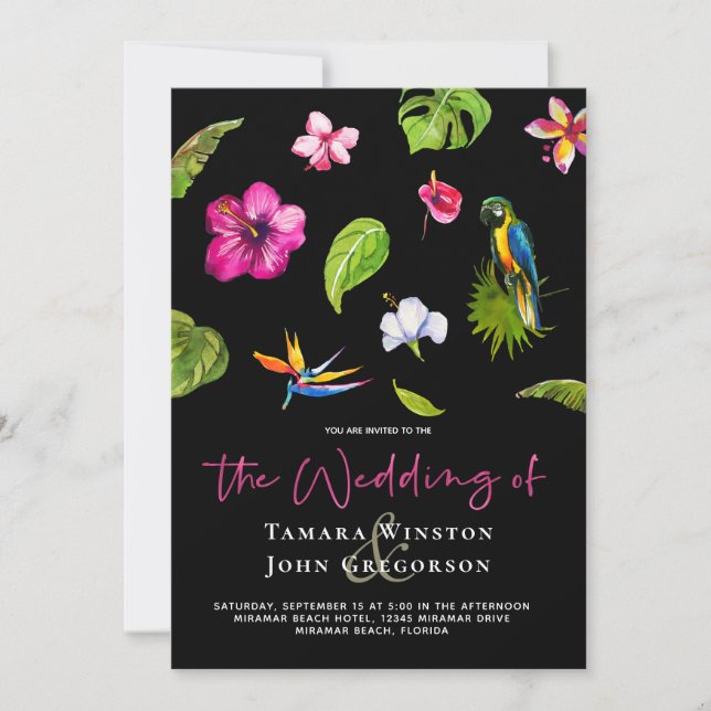 Invitación Boda Tropical de Playa con Flores Negras y Verdor (Anverso)