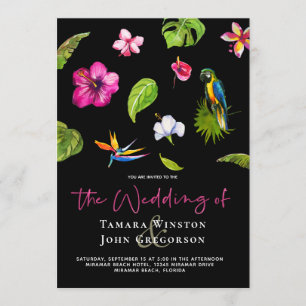 Invitación Boda Tropical de Playa con Flores Negras y Verdor