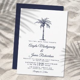 Invitación Boda Tropical de Playa con Palma Azul Marino Moder