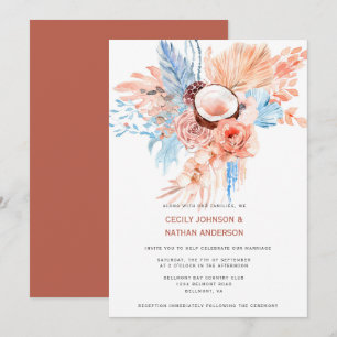 Invitación Boda Tropical de Playa en Terracota y Azul Pálido 