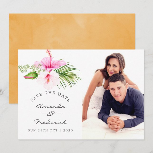 Invitación Boda tropical de playa floral salva la fecha (Anverso / Reverso)