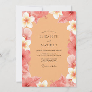 Invitación Boda Tropical de Plumeria de Coral y Eucalipto
