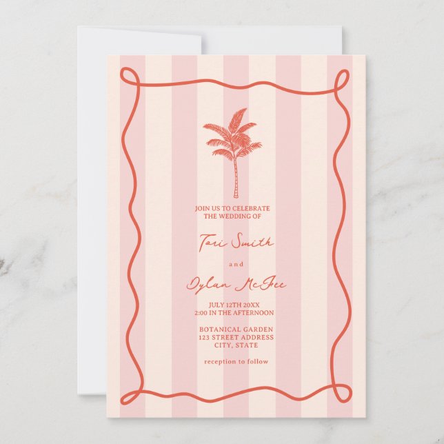 Invitación Boda tropical de raya rosa de giratoria de árbol d (Anverso)