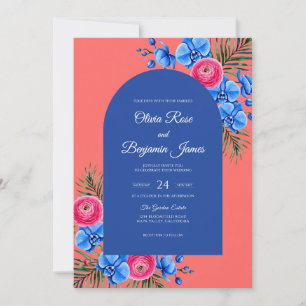 Invitación Boda Tropical de Salmón Cobalto Eucalipto