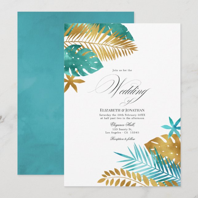 Invitación Boda Tropical de Turquesa y Dorado (Anverso / Reverso)
