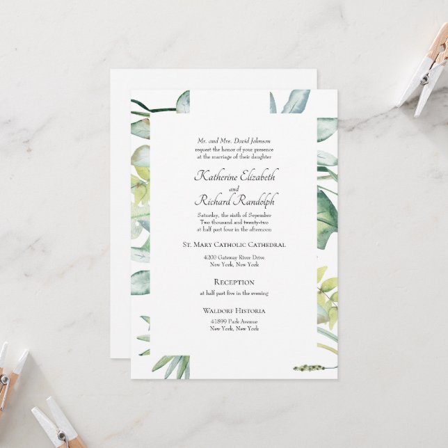 Invitación Boda Tropical de Verde Simplemente Elegante (Anverso/Reverso In Situ)