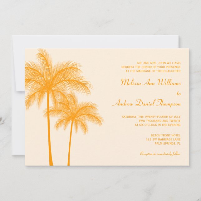 Invitación Boda tropical del árbol de palmas Naranja (Anverso)