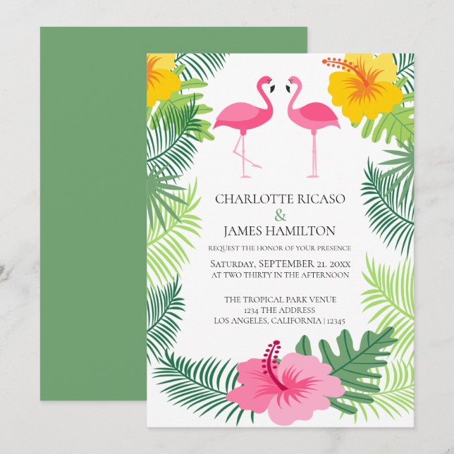 Invitación Boda tropical del flamenco rosado personalizado (Anverso / Reverso)