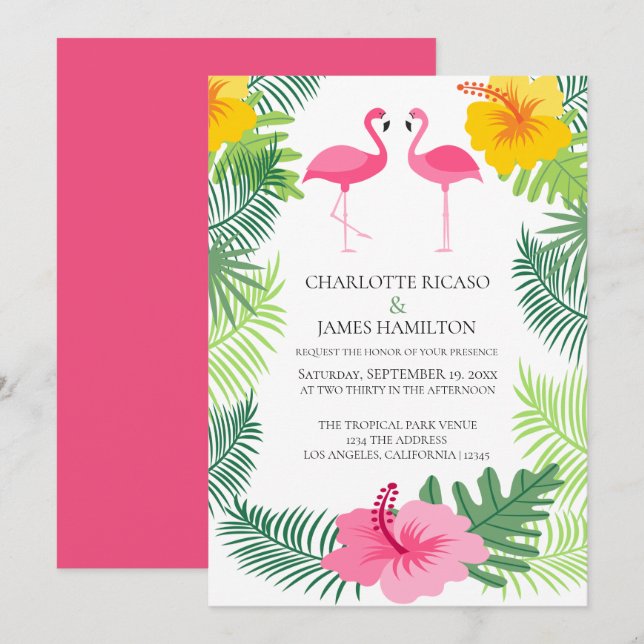 Invitación Boda tropical del flamenco rosado personalizado (Anverso / Reverso)