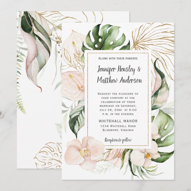Invitación Boda tropical del marco dorado floral rosa Rubor (Anverso / Reverso)