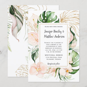 Invitación Boda tropical del marco dorado floral rosa Rubor
