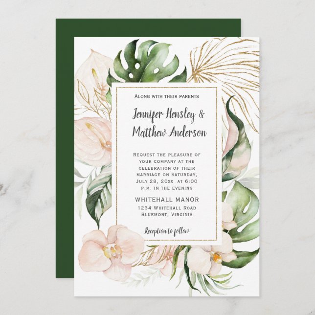Invitación Boda tropical del marco dorado floral rosa Rubor (Anverso / Reverso)