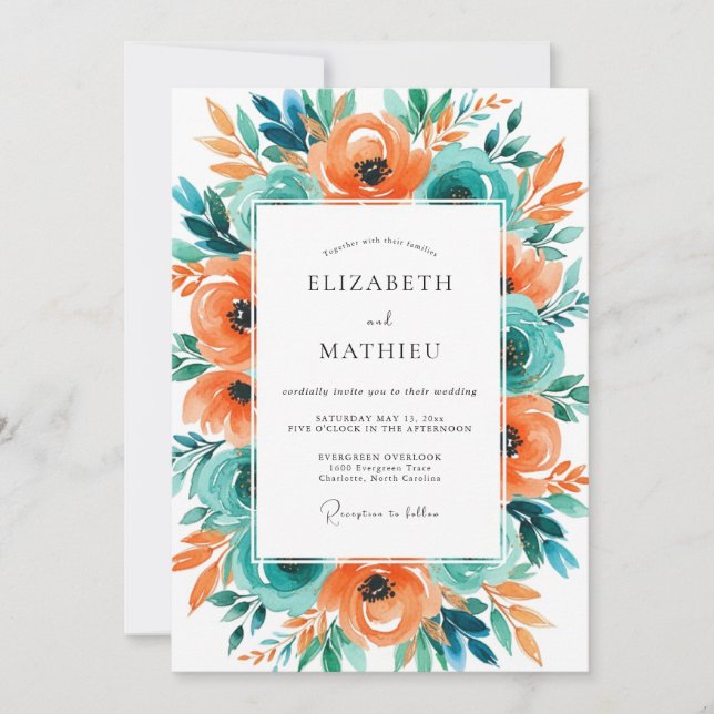 Invitación Boda Tropical Distintiva Naranja Turquesa (Anverso)