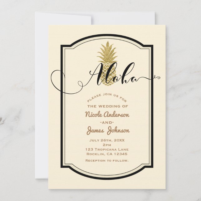 Invitación Boda Tropical Dorado con Crema de Piña y Negro (Anverso)