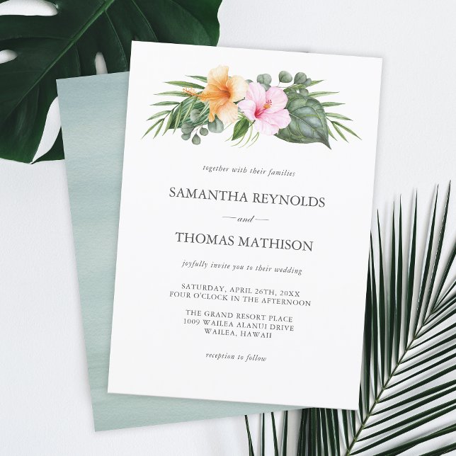 Invitación Boda Tropical en Paraíso Acuarela Floral (Plan your wedding in paradise with this watercolor botanical tropical invitation design.)