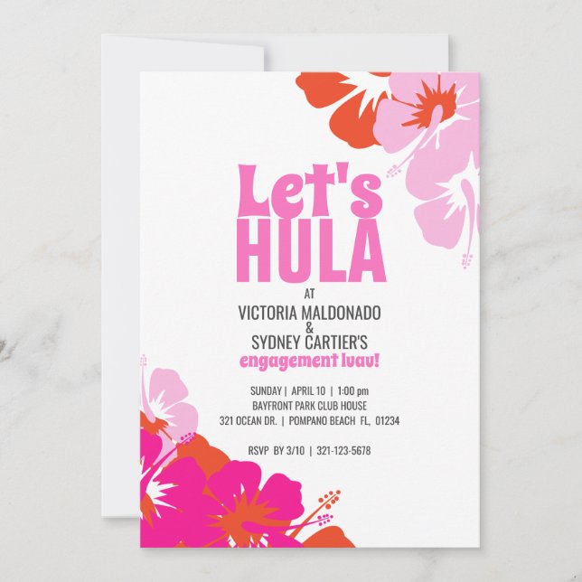 Invitación boda tropical ENGAGMENT SHOWER naranja rosa luau (Anverso)