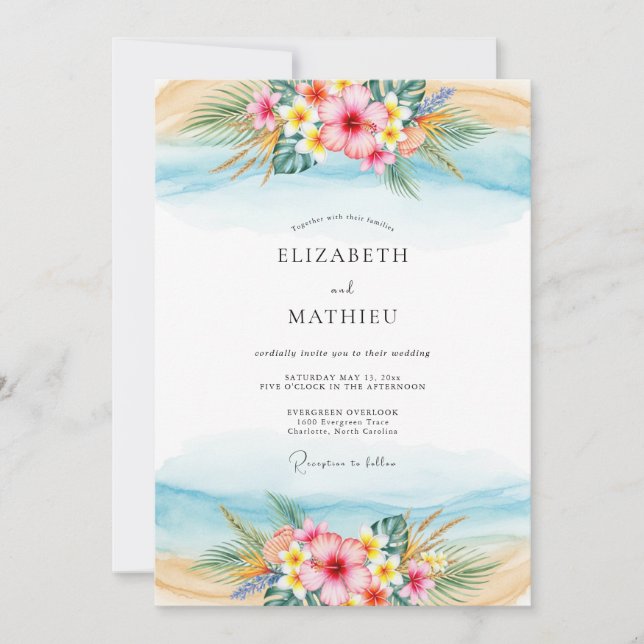 Invitación Boda Tropical Escénica de Azul Claro (Anverso)
