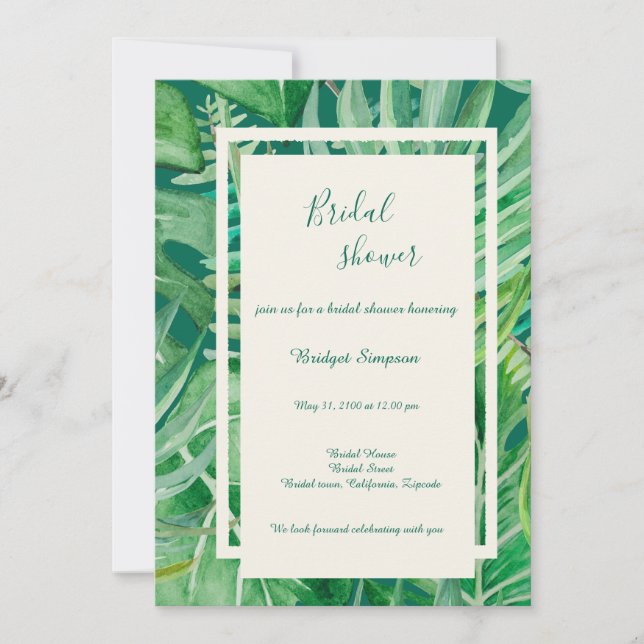 Invitación boda tropical esmeralda ducha de novia (Anverso)