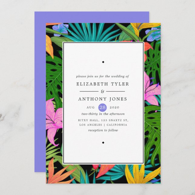 Invitación Boda tropical exótico colorido (Anverso / Reverso)