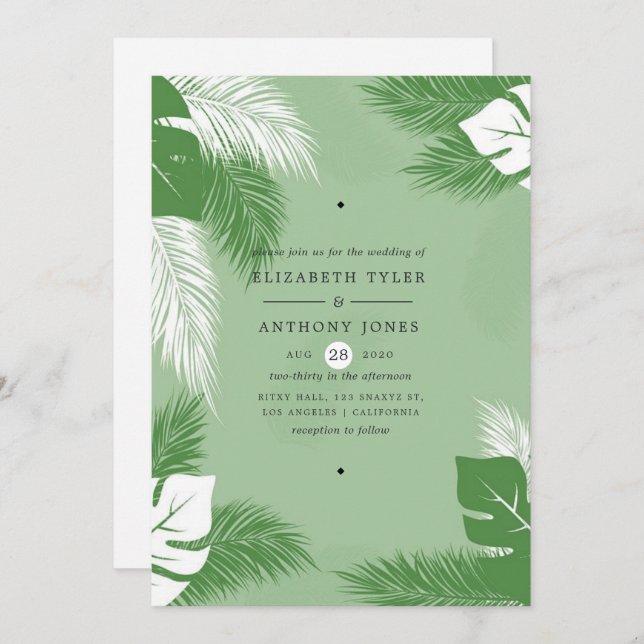 Invitación Boda tropical exótico y verde y blanco (Anverso / Reverso)