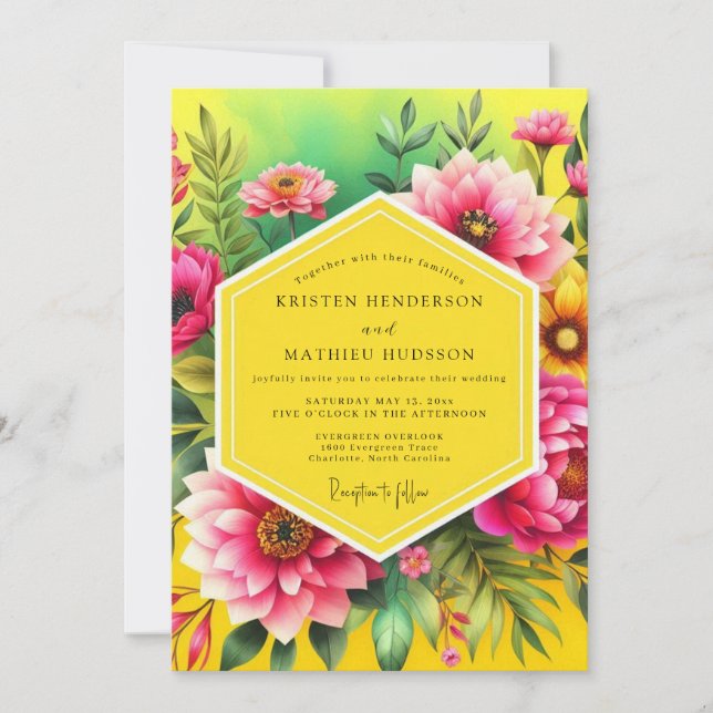 Invitación Boda Tropical Exuberante de Color Fucsia (Anverso)