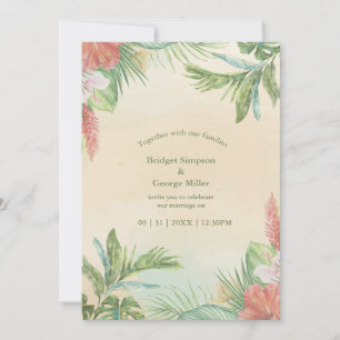 Invitación Boda tropical floral acuarela beige Hawaii