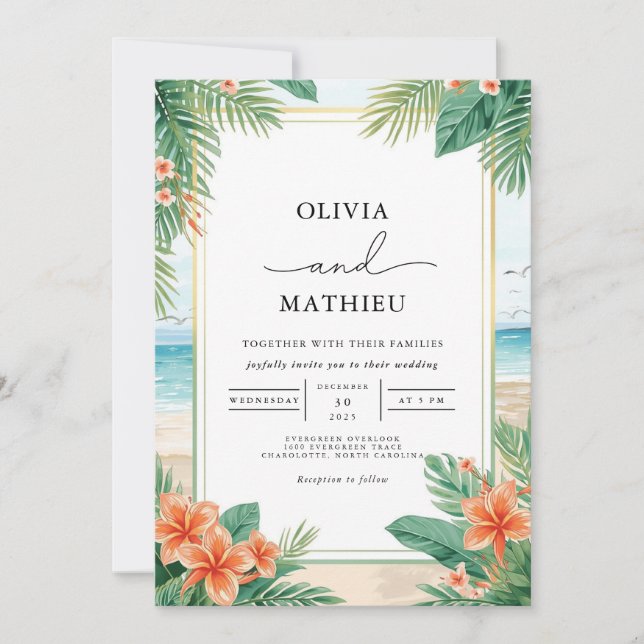 Invitación Boda Tropical Floral Beach (Anverso)