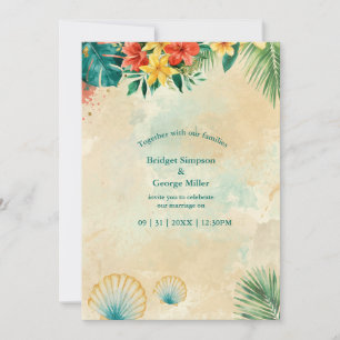 Invitación Boda tropical floral de acuarela conchas Hawaii