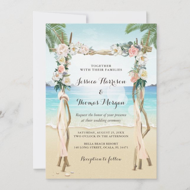 Invitación Boda Tropical Floral de Arco de Madera de Playa (Anverso)