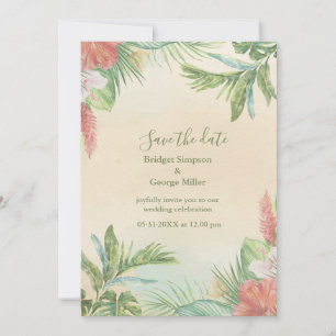 Invitación Boda Tropical Floral Hawaiana Beige Acuarela