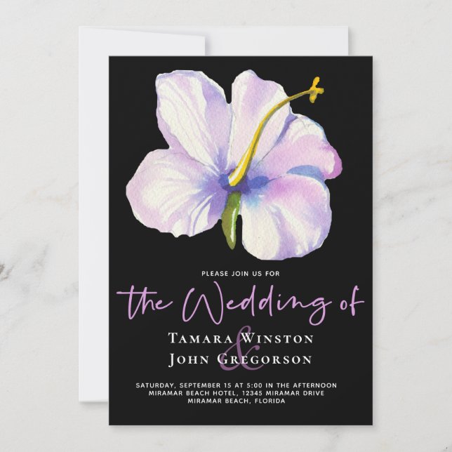 Invitación Boda Tropical Floral Morada de Playa Negra (Anverso)