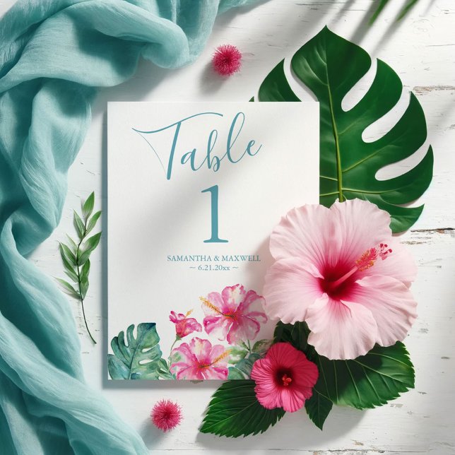 Invitación Boda tropical floral Número de tabla (Destination weddings table number tropical pink hibiscus flower watercolor art Victoria Grigaliunas)