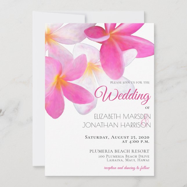 Invitación Boda Tropical Floral Pink Plumeria Hawaii Beach (Anverso)