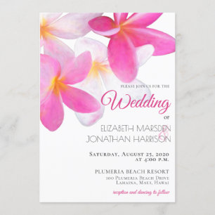 Invitación Boda Tropical Floral Pink Plumeria Hawaii Beach