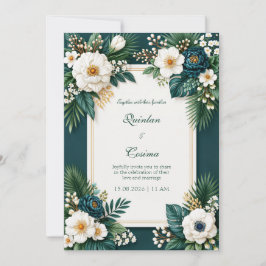 Invitación Boda Tropical Frontera de Peonía Esmeralda Teal Pr