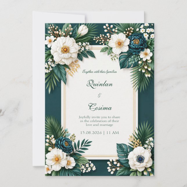 Invitación Boda Tropical Frontera de Peonía Esmeralda Teal Pr (Anverso)
