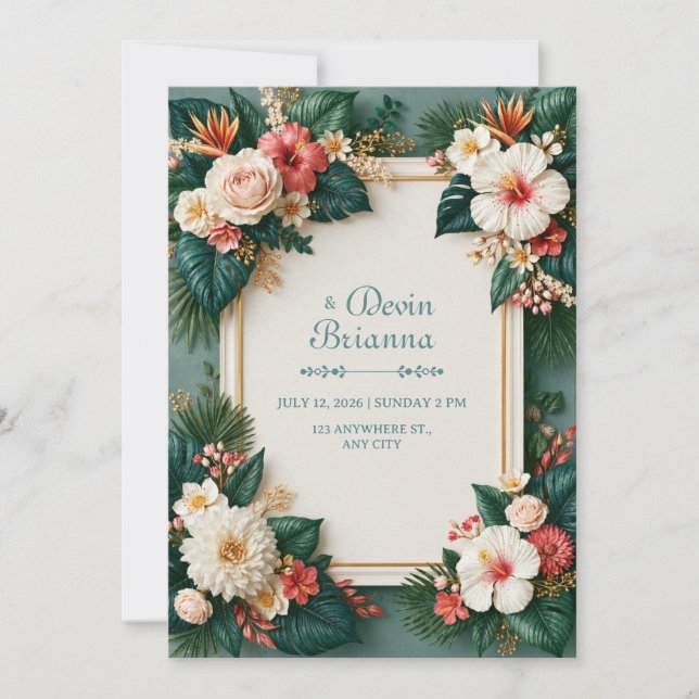 Invitación Boda Tropical Frontera Esmeralda Hibisco Blanco (Anverso)