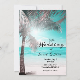 Invitación Boda Tropical Glam Rosa Azul Acuático Playa Palma