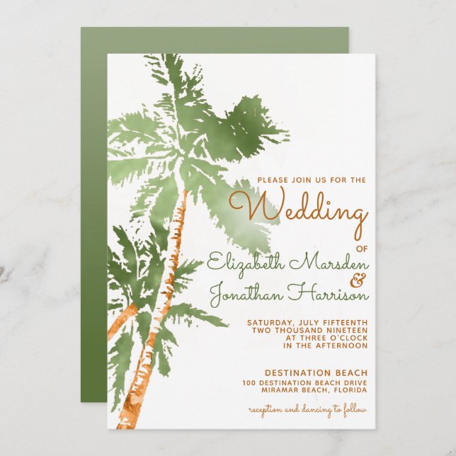 Invitación Boda Tropical Green Gold Palm Trees (Anverso / Reverso)