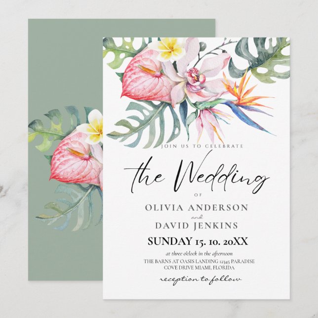 Invitación Boda tropical Hawái Boda temático (Anverso / Reverso)