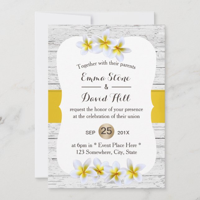 Invitación Boda tropical Hawái Flores de Plumeria Madera (Anverso)
