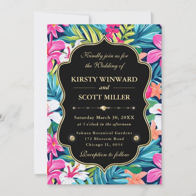 Invitación Boda Tropical Hibisco de Oro (Anverso)