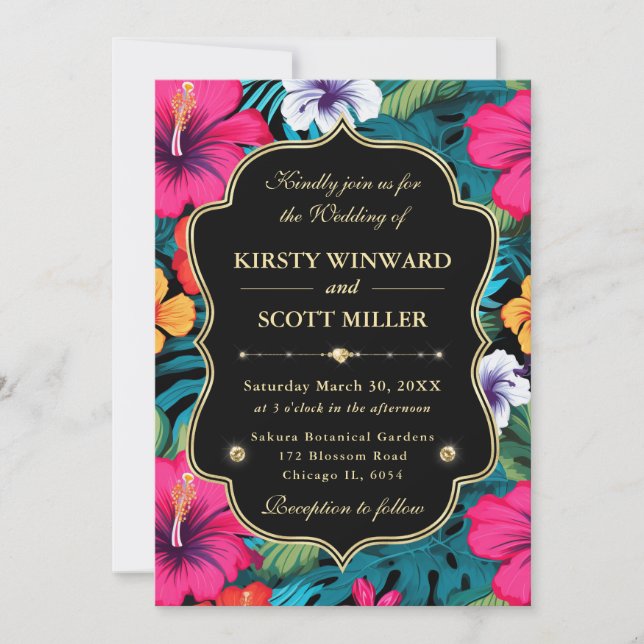 Invitación Boda Tropical Hibisco Dorado (Anverso)